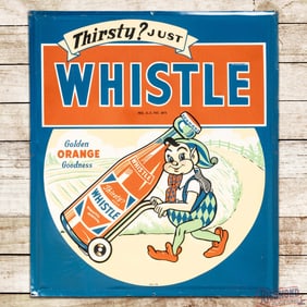 Thirsty? Just Whistle "Golden Orange Goodness" Emb. Single Sided Tin Sign w/ Elf & Bottle