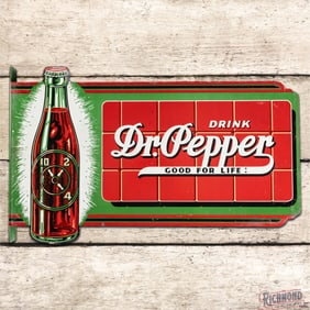 Drink Dr. Pepper "Good for Life!" Die Cut Double Sided Tin Flange Sign w/ Bottle