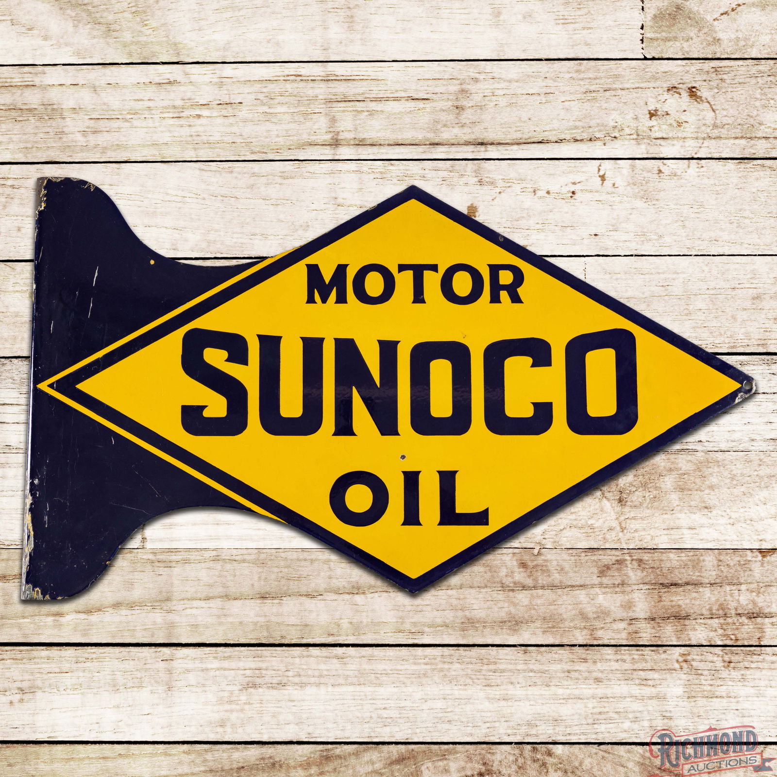 Sunoco Motor Oils Die Cut Double Sided Porcelain Flange Sign: DSP (Double Sided Porcelain) die cut flange has excellent color and gloss. Side #1 minor surface imperfections with a tiny chip above the "I" in Oil. The perimeter has small edge chips with larger chi