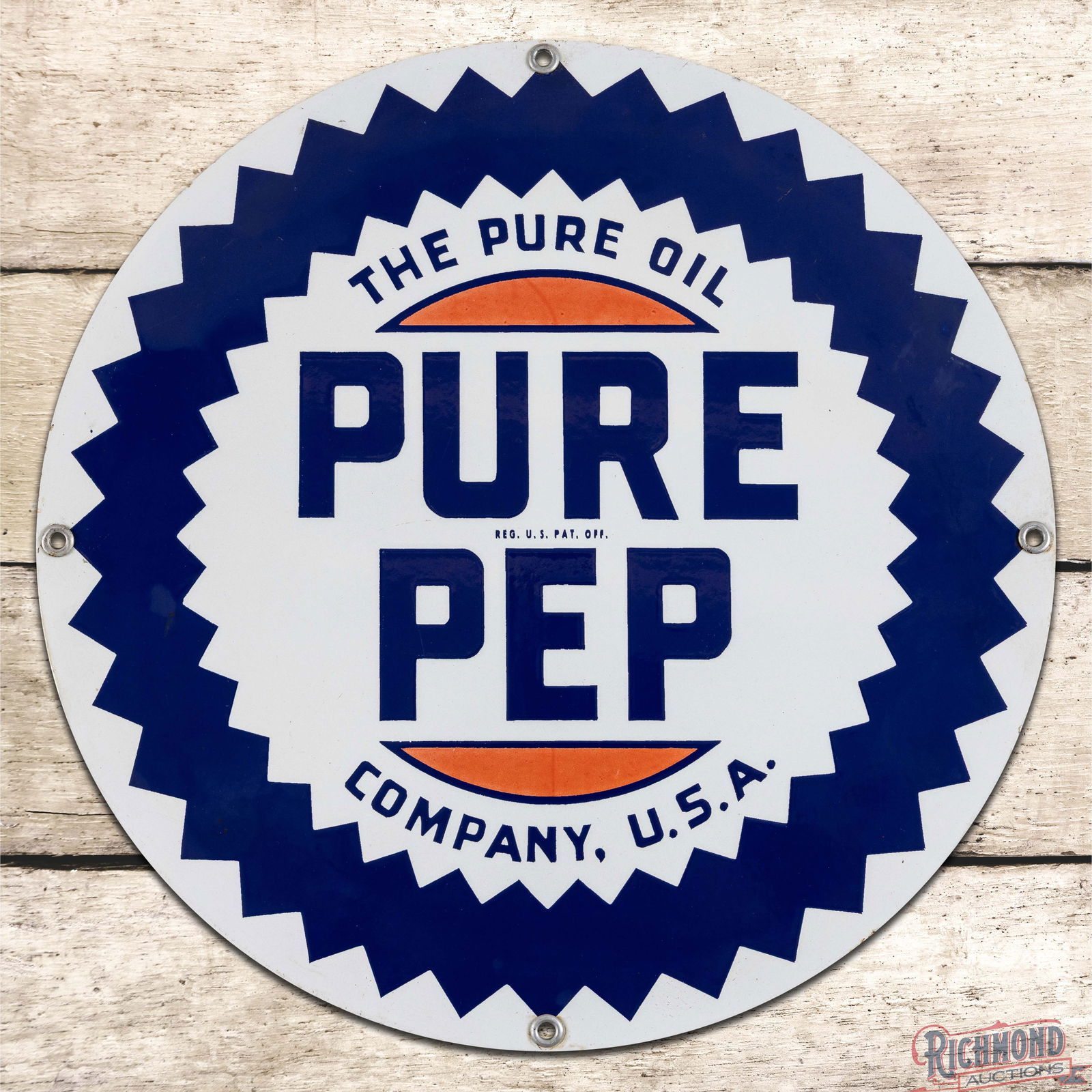 Pure Pep The Pure Oil Company 15" Single Sided Porcelain Sign: SSP (Single Sided Porcelain) sign has very good color and gloss. The display has slight discoloration to the red porcelain enamel with areas of minor discoloration and cloudiness to the blue sawtooth