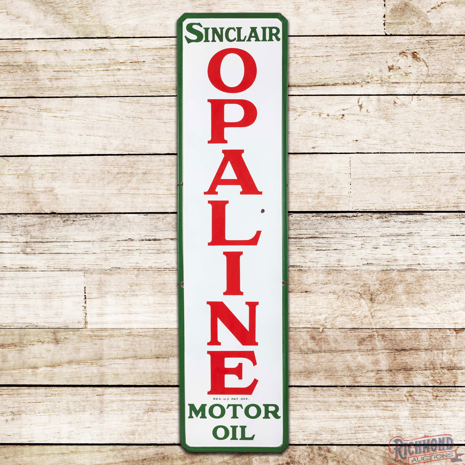 Sinclair Opaline Motor Oil 5' Single Sided Porcelain Sign: SSP (Single Sided Porcelain) self-framed sign has outstanding color and gloss. The field is very clean overall, with a dime-sized chip in the right field. The perimeter has small chips at the mounting