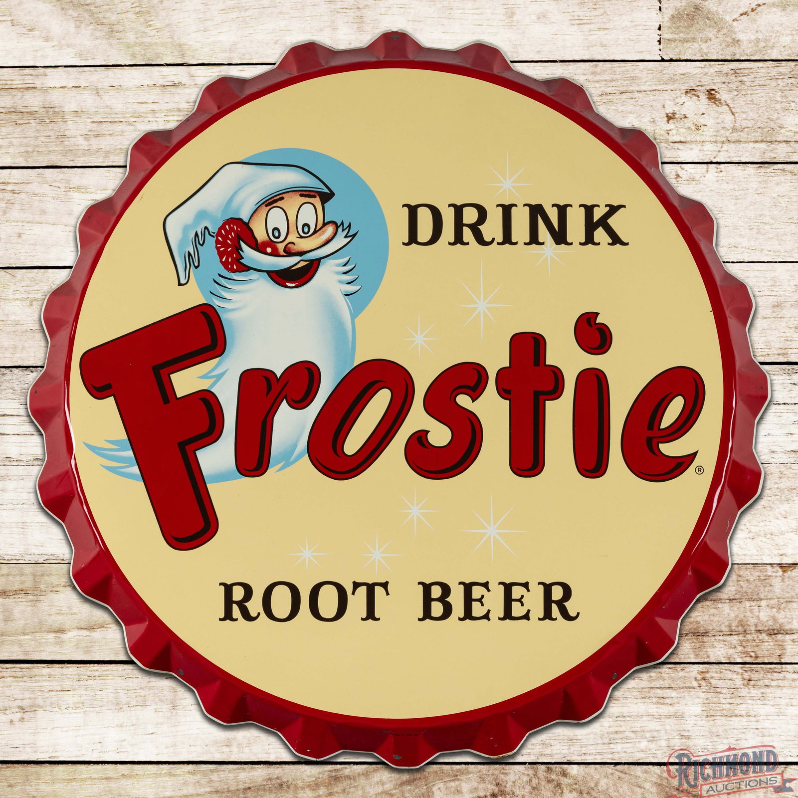 Superb Drink Frostie Root Beer 38" Die Cut Single Sided Tin Bottle Cap Sign w/ Elf & Snowflakes: SST (Single Sided Tin) die cut convex sign has outstanding color and shine. The sign features the Frostie elf with snowflakes in the background. The display is exceptionally clean with minor surface