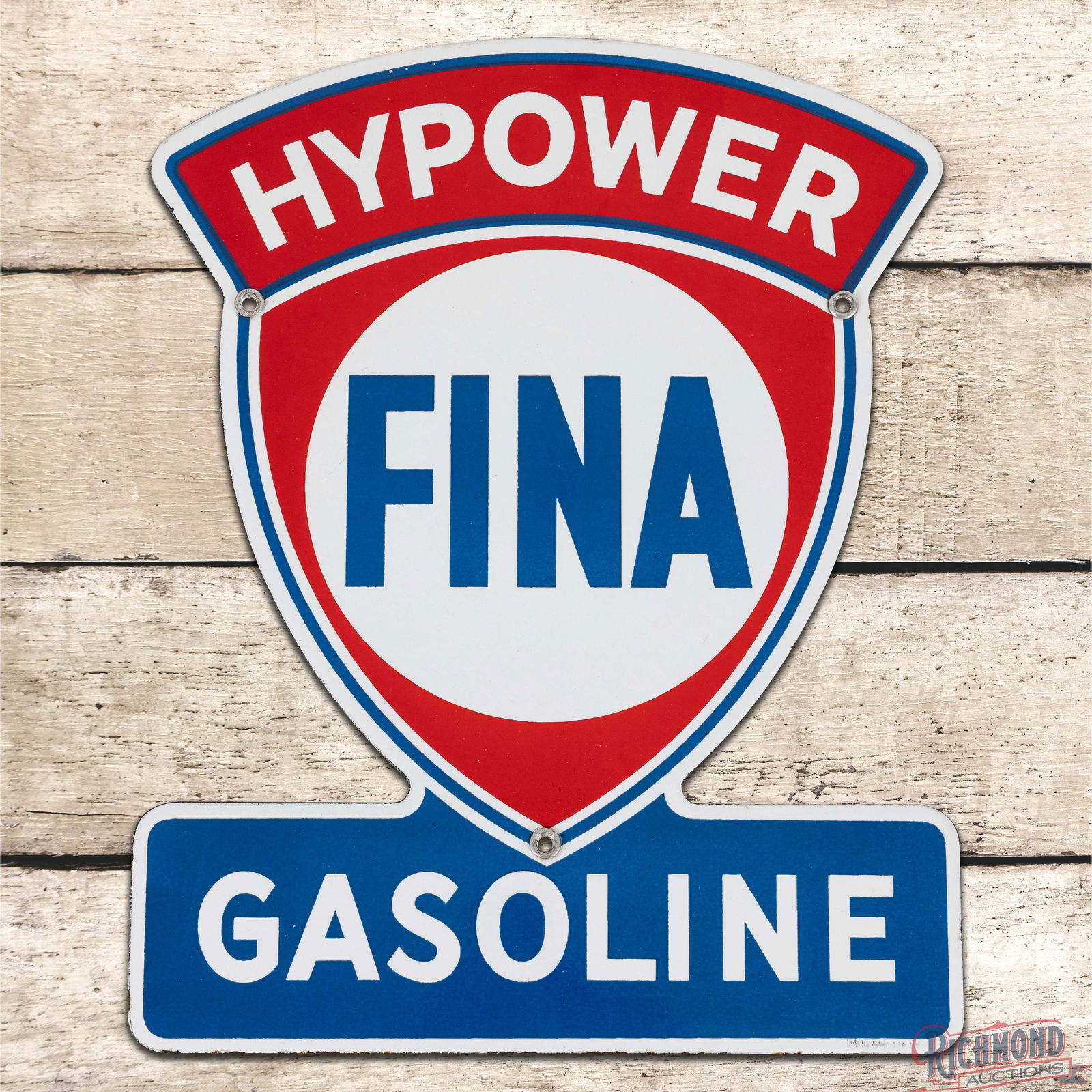 Exceptional Fina Hypower Gasoline Single Sided Porcelain Die Cut Pump Plate Sign w/ Logo: SSP (Single Sided Porcelain) die cut pump plate sign has day one color and gloss. The fields are clean with bright crisp porcelain enamel colors. The perimeter has a few tiny nicks along the right