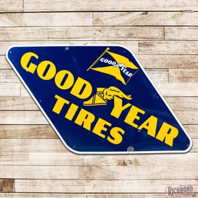 Goodyear Tires 8' Single Sided Porcelain Sign w/ Flag & Wingfoot Logos