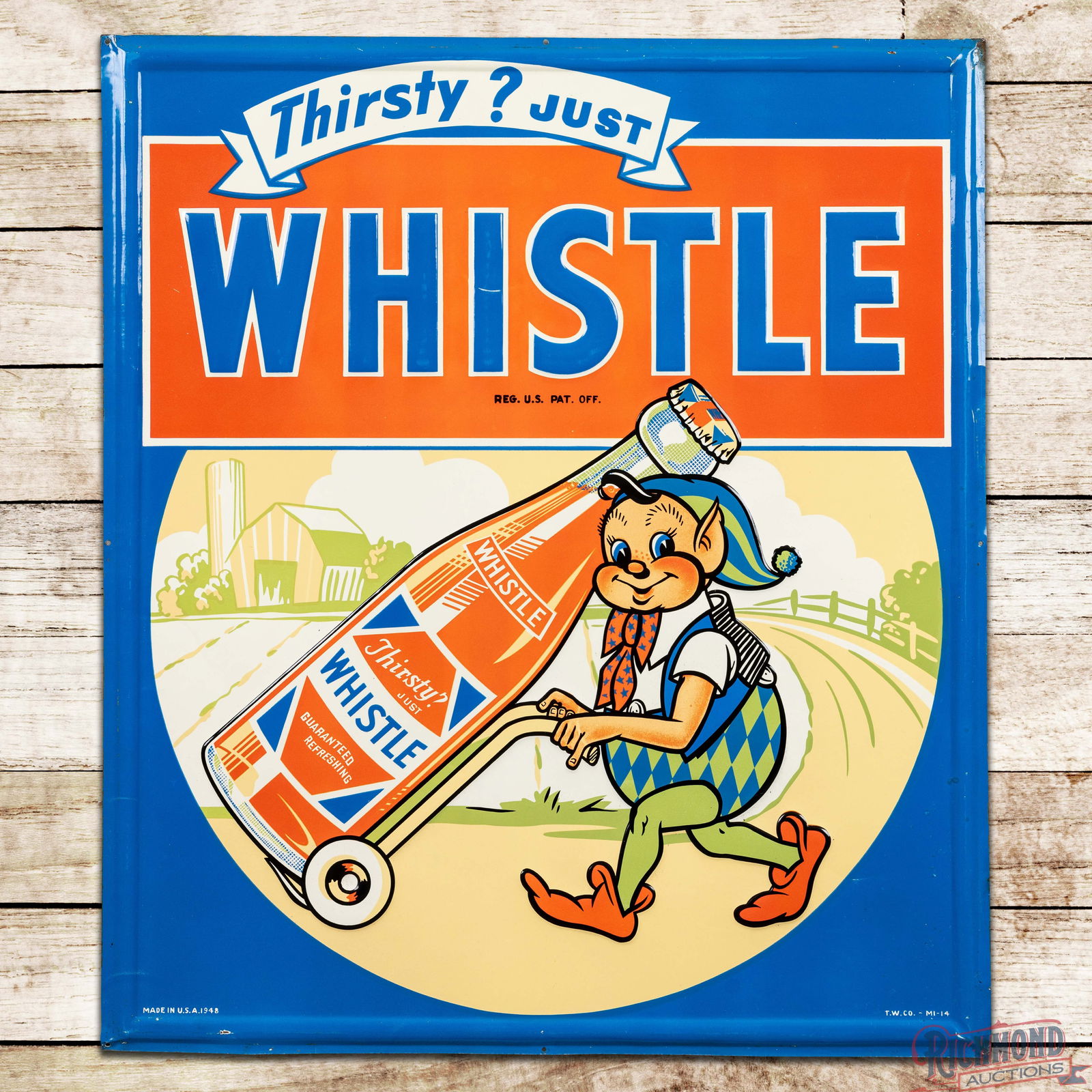 1948 Thirsty? Just Whistle Emb. Single Sided Tin Sign w/ Elf & Bottle (1 of 3)
