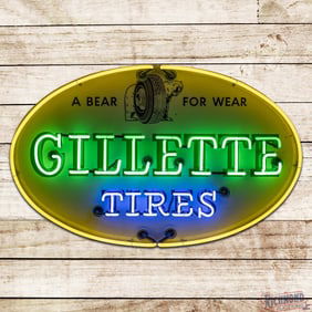 1962 Gillette Tires "A Bear for Wear" 4' Single Sided Tin Neon Sign w/ Logo