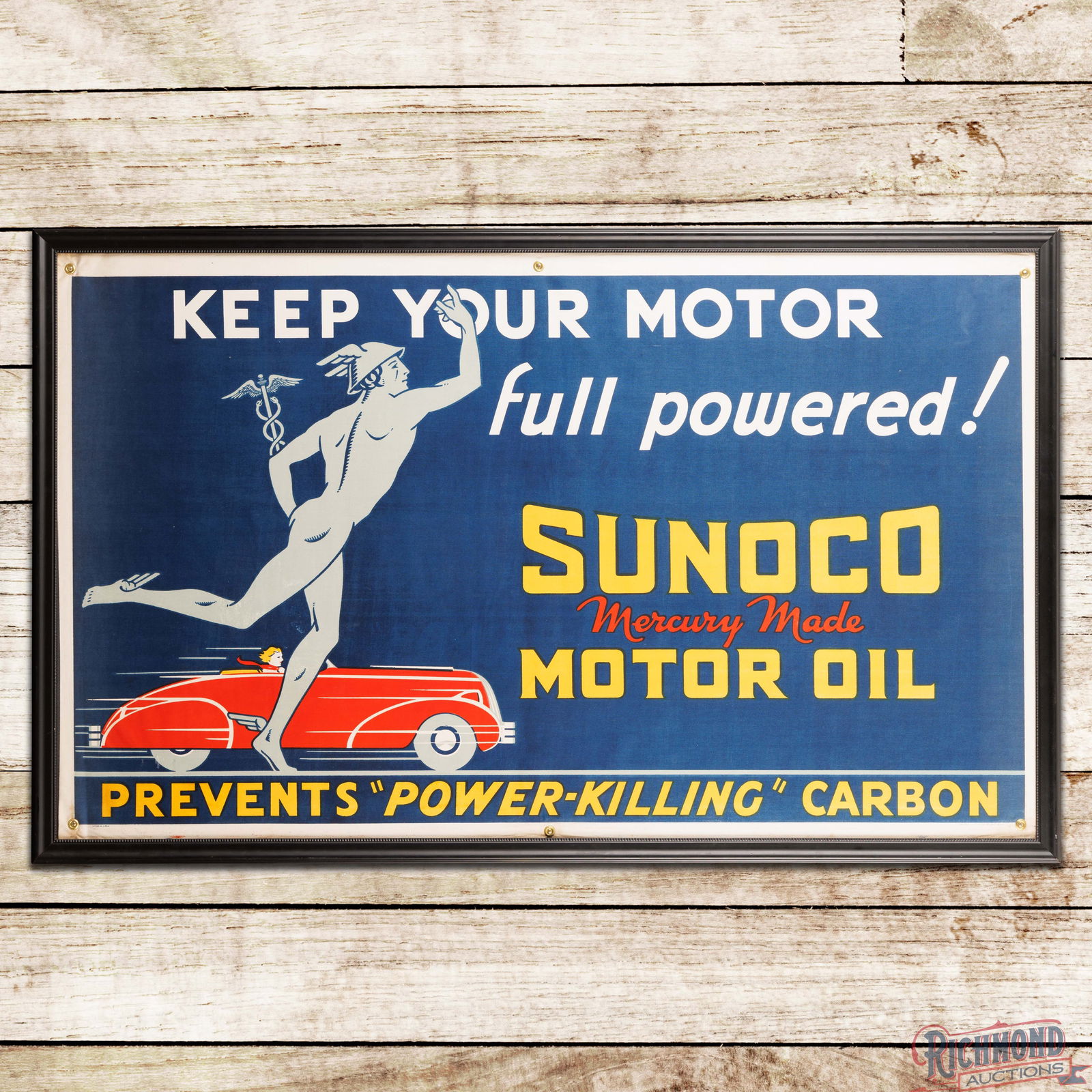 Fantastic Sunoco Mercury Made Motor Oil Framed Advertising Banner Sign w/ Mercury Man & Automobile: Single sided cloth banner has been framed under plexiglass. The banner has outstanding color with detailed graphics of the Mercury Man and an early roadster with speedlines. The banner is very clean o