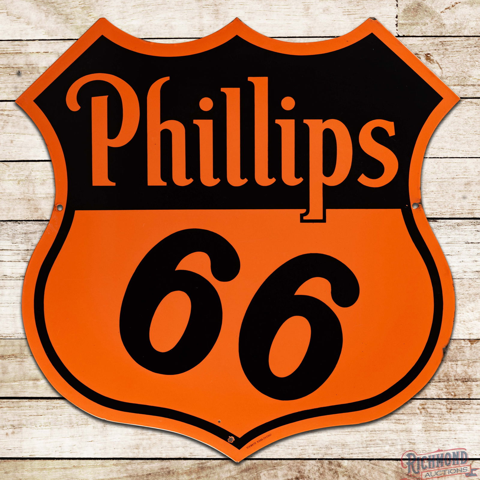 Iconic Phillips 66 Gasoline Motor Oil 30" Die Cut Double Sided Porcelain Sign: DSP (Double Sided Porcelain) die cut sign has excellent color and gloss. The display has a clean field with small chips in the outer field, edges and a tiny bend on the upper left tip. The reverse is