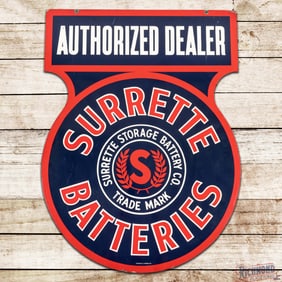 Surrette Storage Batteries Authorized Dealer Die Cut Double Sided Tin Sign w/ Logo
