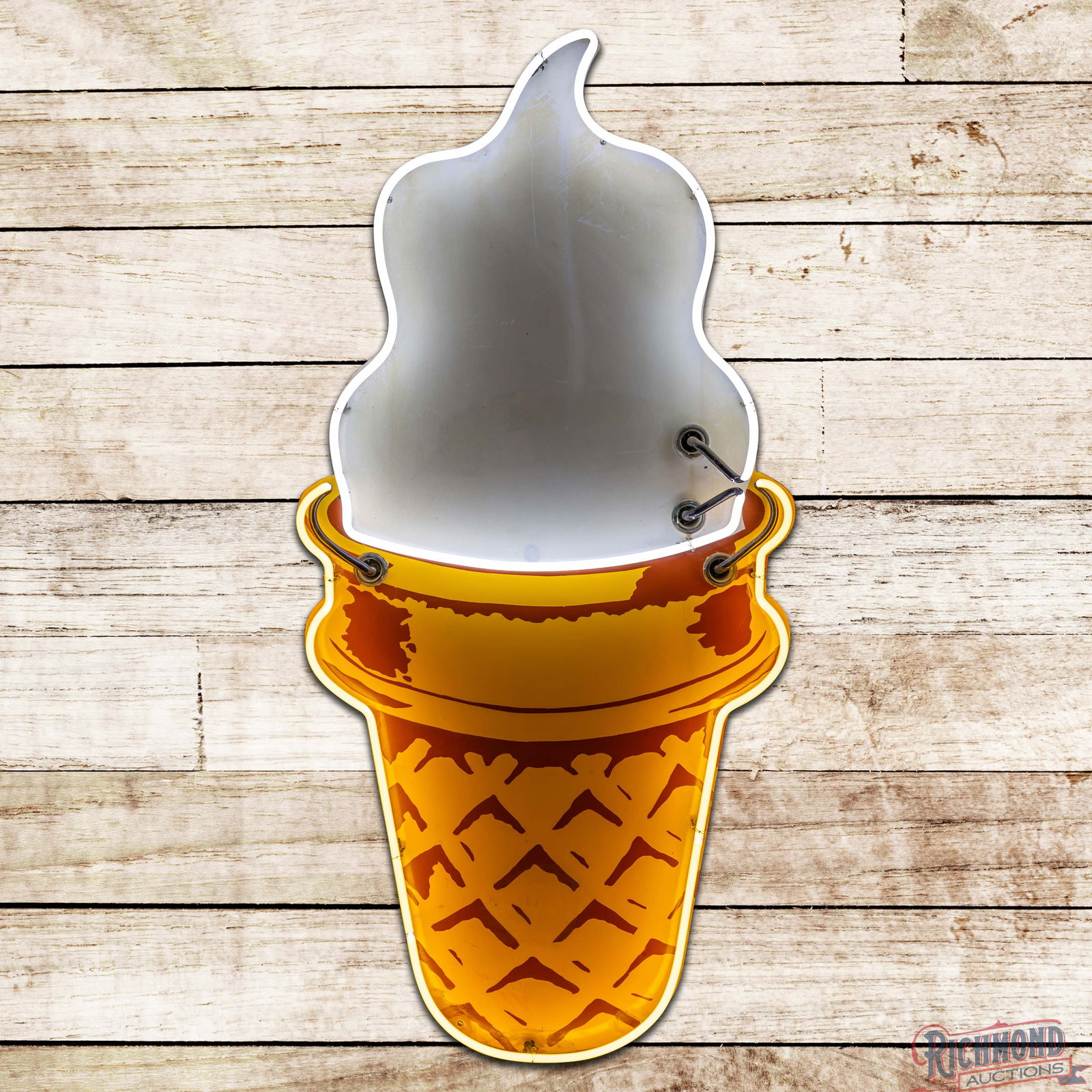 Ice Cream Cone Die Cut 5' Single Sided Porcelain Factory Neon Sign: SSP (Single Sided Porcelain) die cut factory neon sign with a metal can has good color and gloss. The sign has a great look with vibrant two-color neon. The display has surface wear with a color match