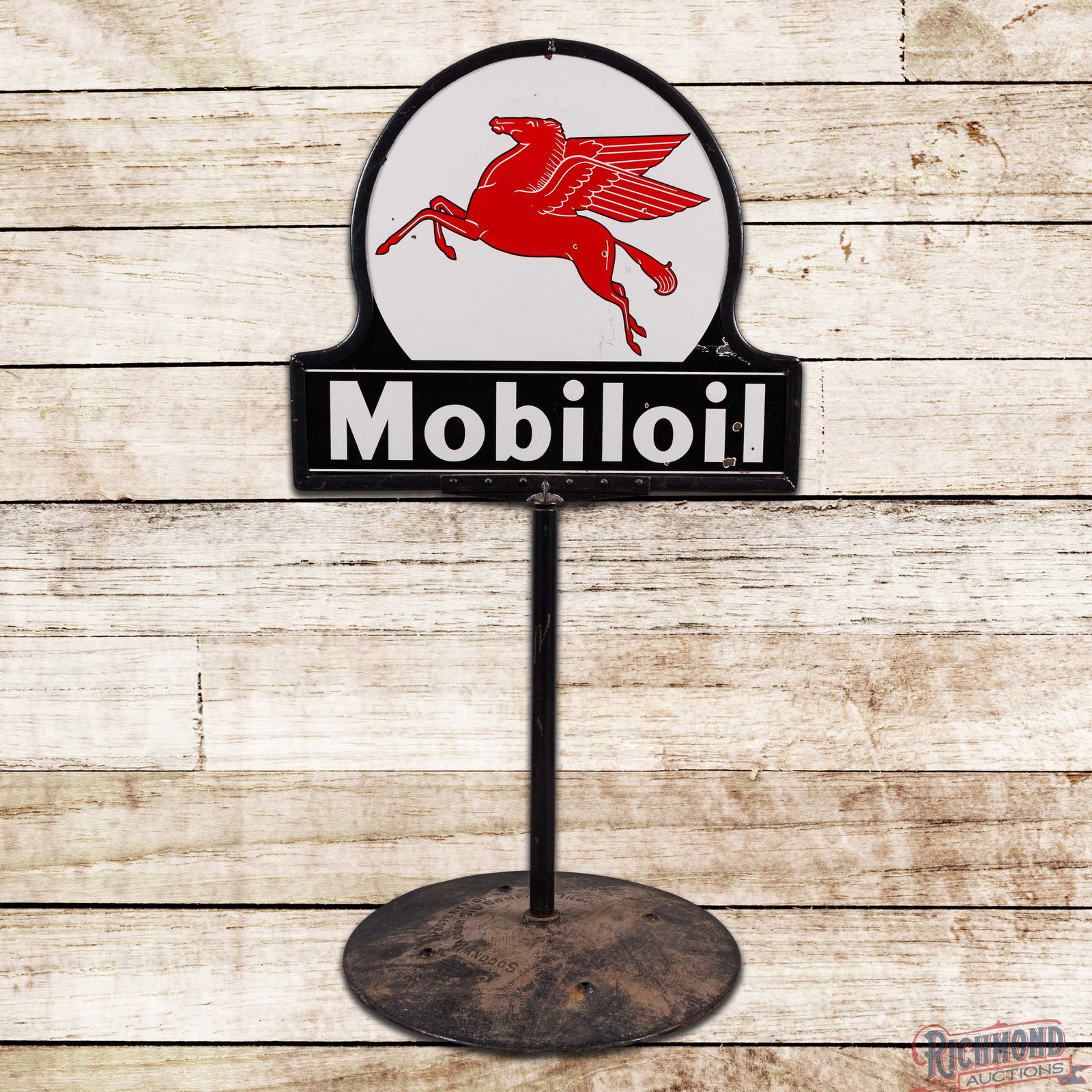 Mobiloil Die Cut Double Sided Porcelain Lollipop Curb Sign w/ Base "West Coast": DSP (Double Sided Porcelain) die cut sign with the original frame, pole and base has excellent color and gloss. Side #1 has light wear with small chips and a faint area of crazing with slight bend in