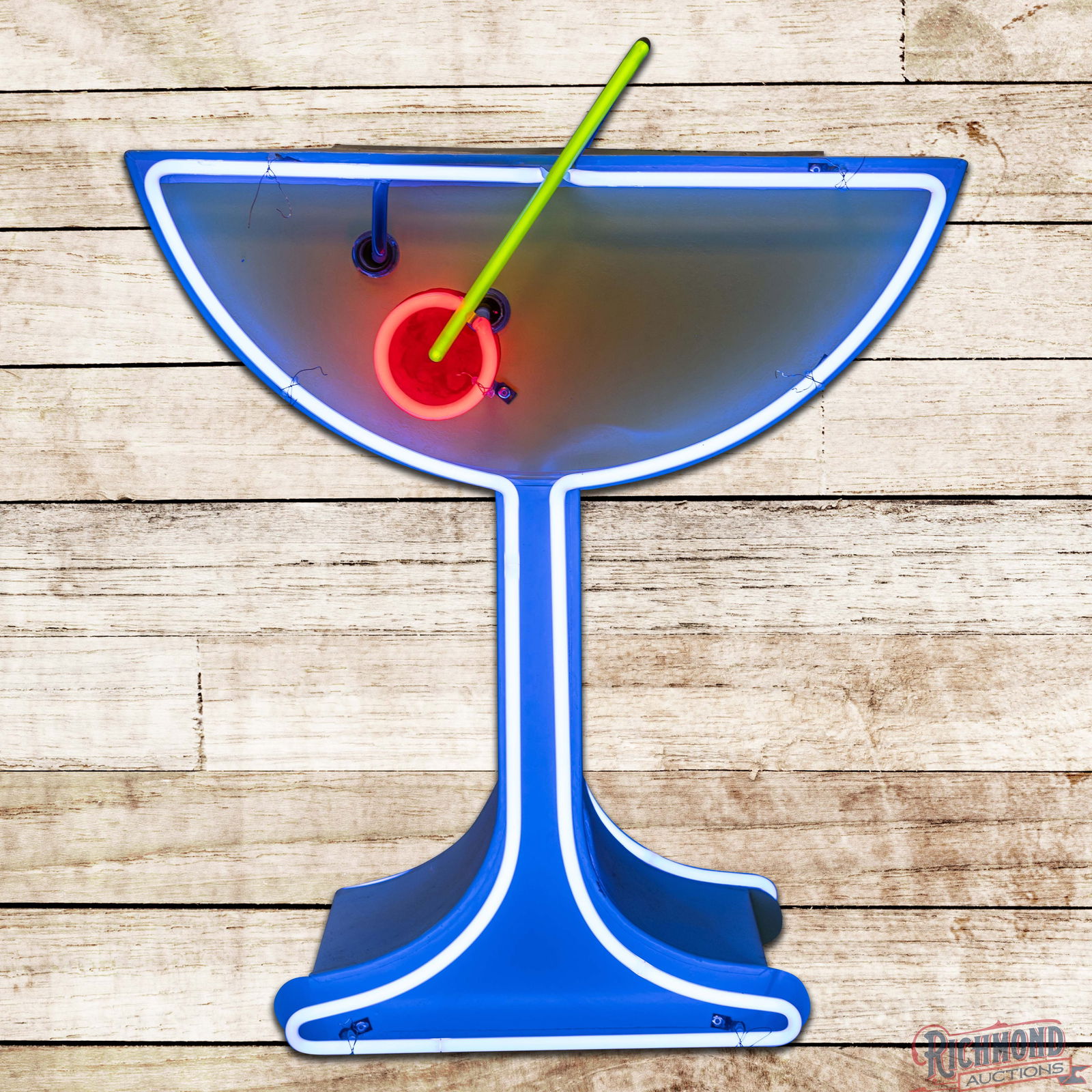 Cocktail Bar Die Cut Double Sided Tin Factory Neon Sign: Scarce DST (Double Sided Tin) die cut factory neon sign with the original metal can has been restored. The sign features three-color neon which pairs well with the three-dimensional shape of the sign.