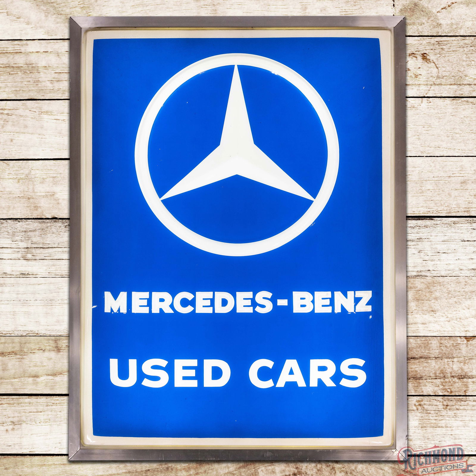 Superb Mercedes Benz Used Cars Emb. Lighted Auto Dealer Sign: Single sided embossed plastic internally lighted sign with aluminum can has outstanding color. The sign lights as it should. The field is exceptionally clean overall with areas of light surface wear,