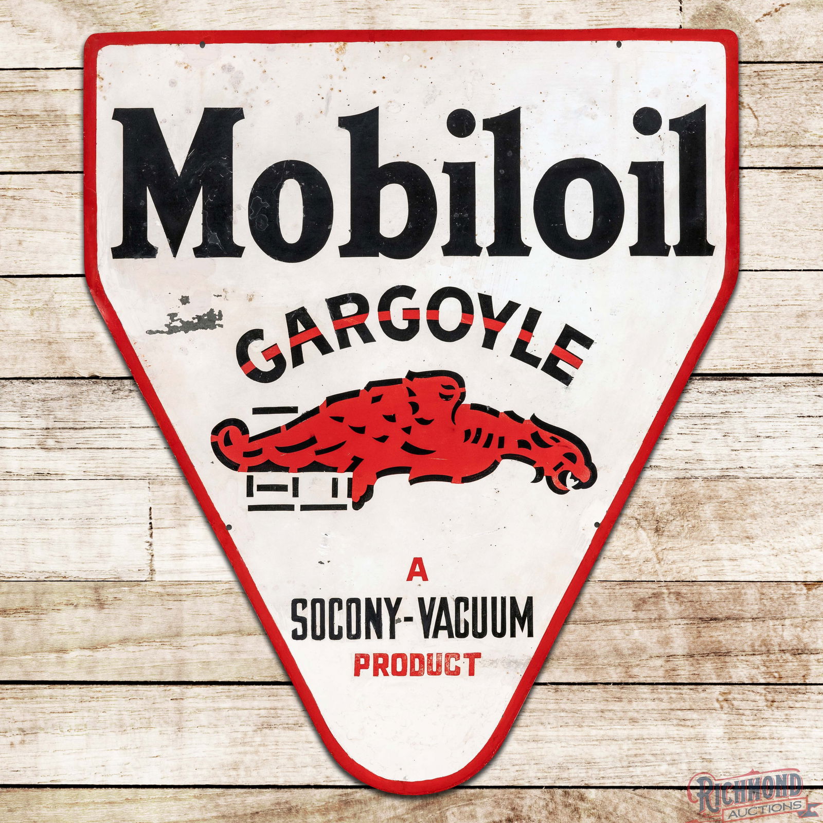 Rare Gargoyle Mobiloil "A Socony-Vacuum Product" Die Cut Double Sided Tin Sign: Scarce DST (Double Sided Tin) die cut sign has good color and shine. The display features a large Gargoyle graphic with classic early Mobiloil colors. The field and perimeter exhibit areas of color