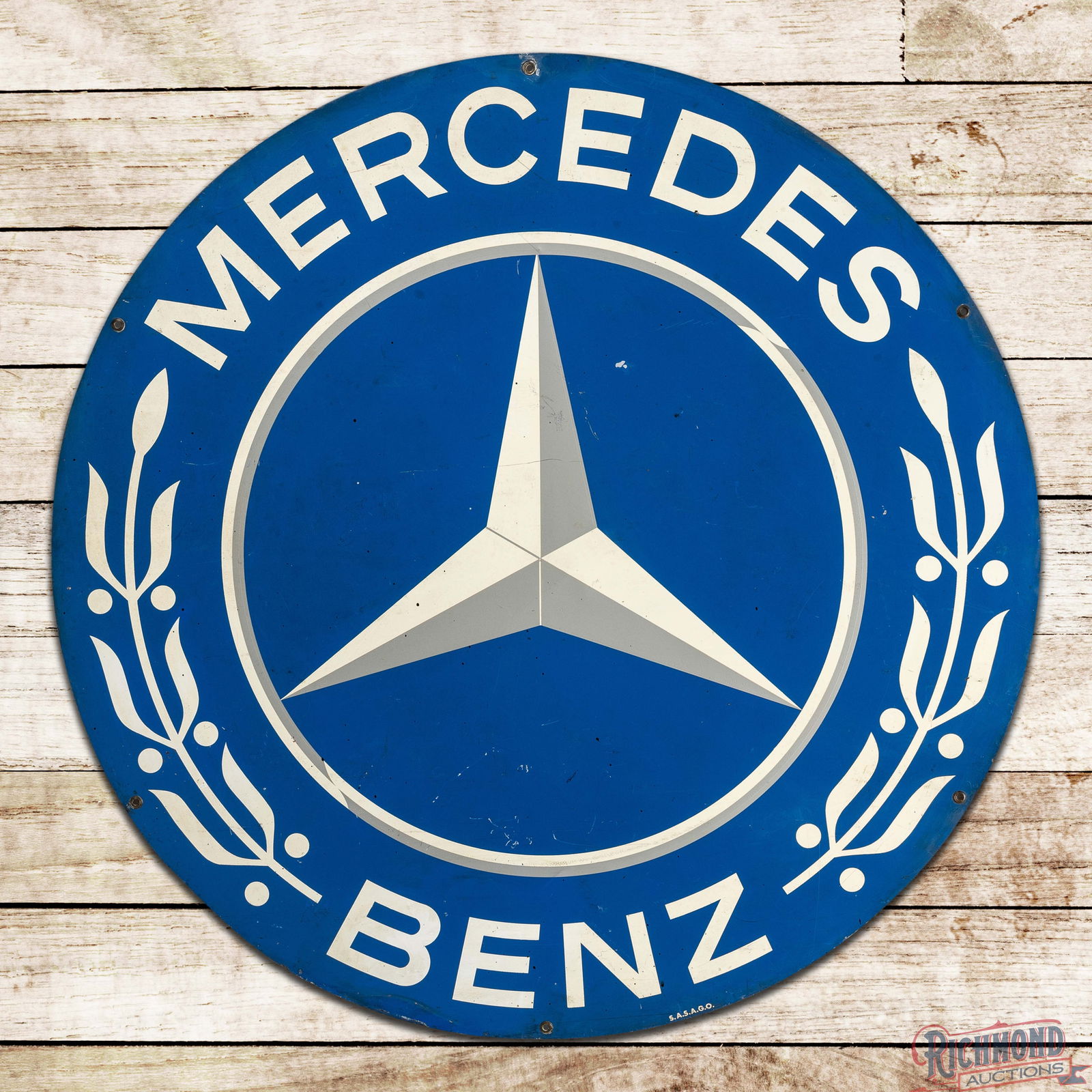 Mercedes Benz 39.5" Single Sided Tin Sign w/ Logo: SST (Single Sided Tin) sign has very good color and shine. The display has light wear with paint chips, fine scratches and tiny errant black paint drips. The perimeter is in a similar condition with