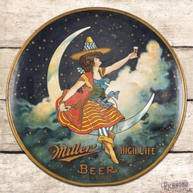 Miller High Life Beer 23.5" Single Sided Tin Charger Sign w/ "Moon Girl"