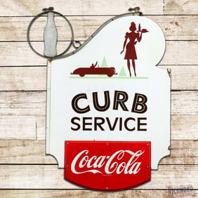 Coca Cola Curb Service Double Sided Porcelain Sign w/ Early Car & Carhop