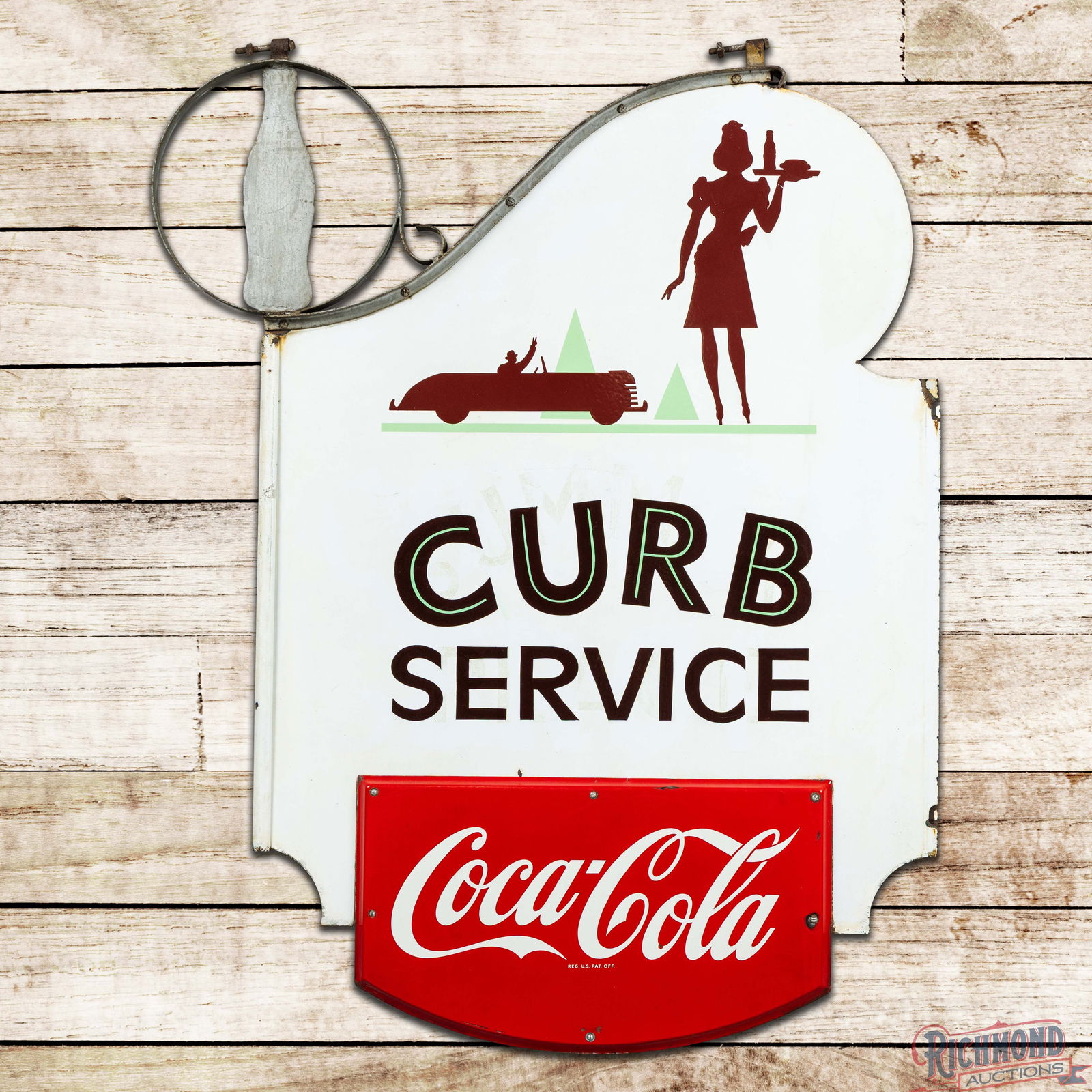 Coca Cola Curb Service Double Sided Porcelain Sign w/ Early Car & Carhop: DSP (Double Sided Porcelain) die cut multi-piece sign has very good color and gloss. The display has light wear with ghost traces of old paint at the "Curb Service" lettering. The perimeter has small
