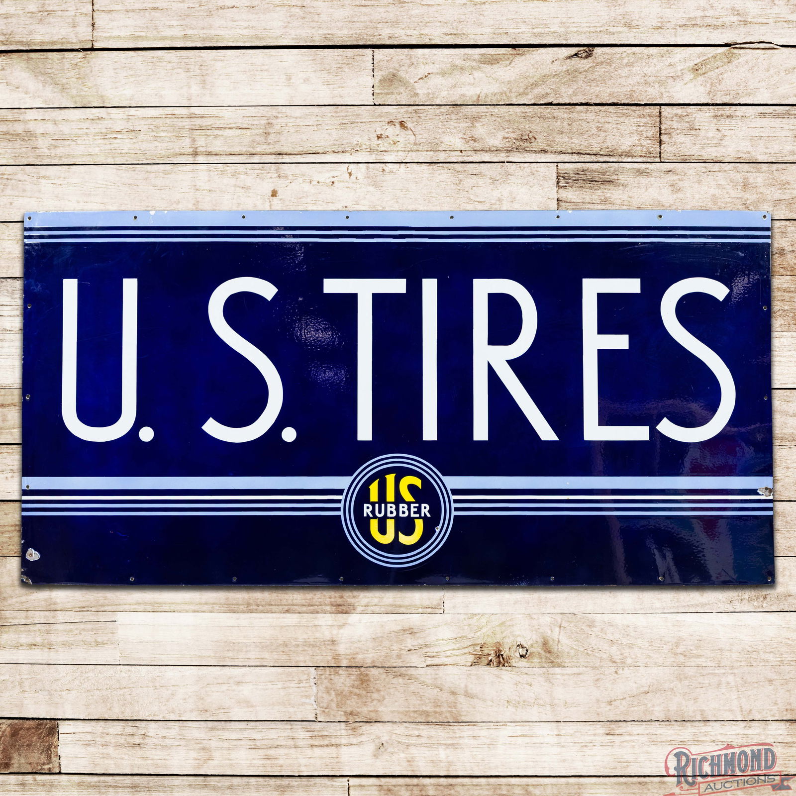 U.S. Tires Rubber Co. 7' Single Sided Porcelain Sign w/ Logo: Impressive SSP (Single Sided Porcelain) sign has excellent color and gloss. The display is very clean overall with fine scratches and light wear. The sign has one small chip on the lower right edge