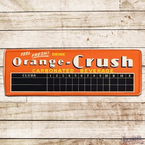 Scarce 1939 Feel Fresh! Drink Orange Crush Carbonated Beverages Emb SS Tin Baseball Scoreboard Sign