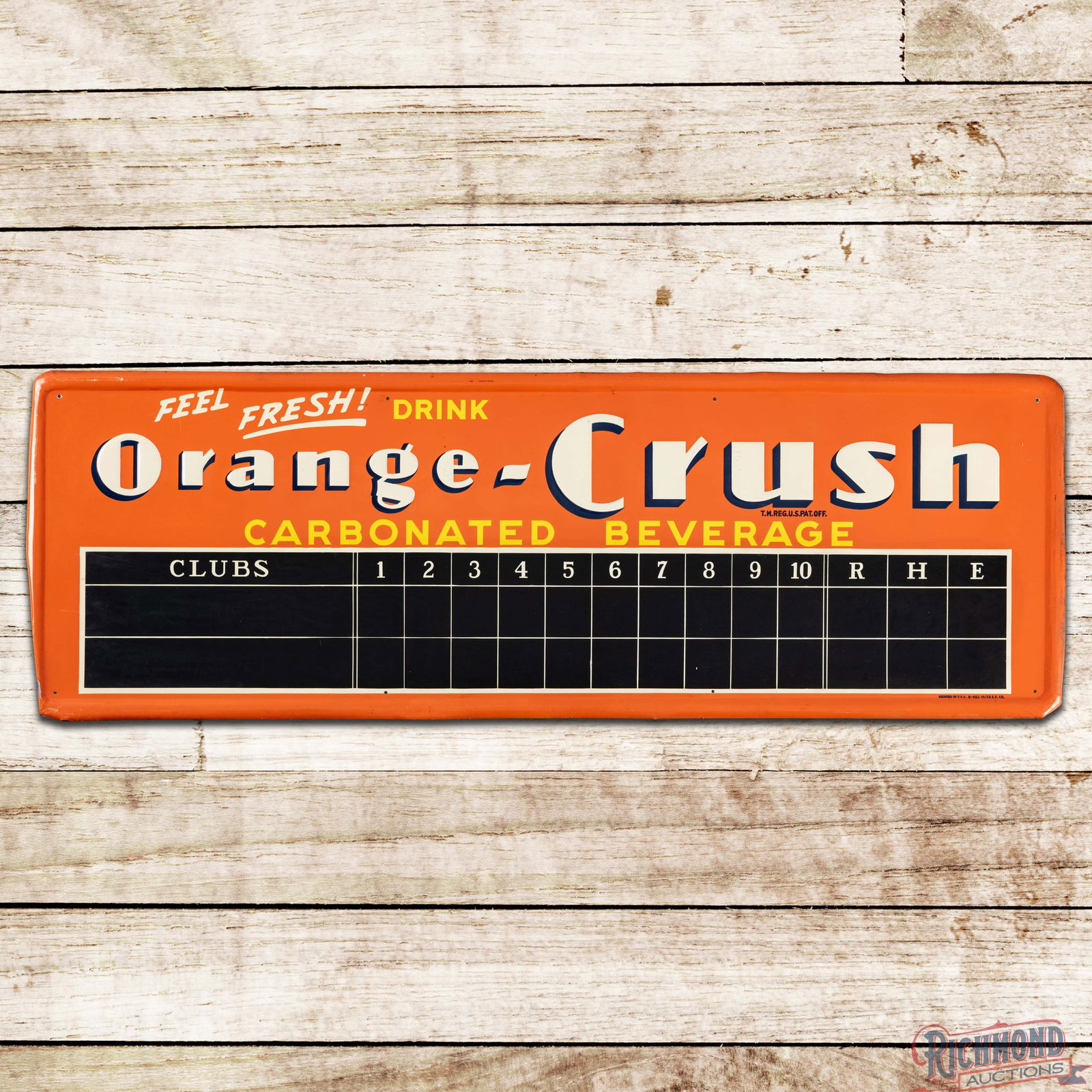 Scarce 1939 Feel Fresh! Drink Orange Crush Carbonated Beverages Emb SS Tin Baseball Scoreboard Sign: SST (Single Sided Tin) embossed self-framed scoreboard sign has amazing color and shine. The fields are clean with minor surface imperfections and faint paper marks in the white lettering. The lower