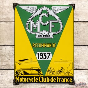 Fantastic 1937 MCF Motorcycle Club de France Single Sided Porcelain Sign w/ Automobile & Plane