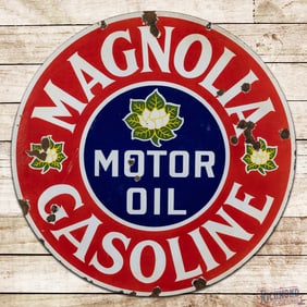 Magnolia Motor Oil Gasoline 42" Double Sided Porcelain Sign w/ Flower Logo