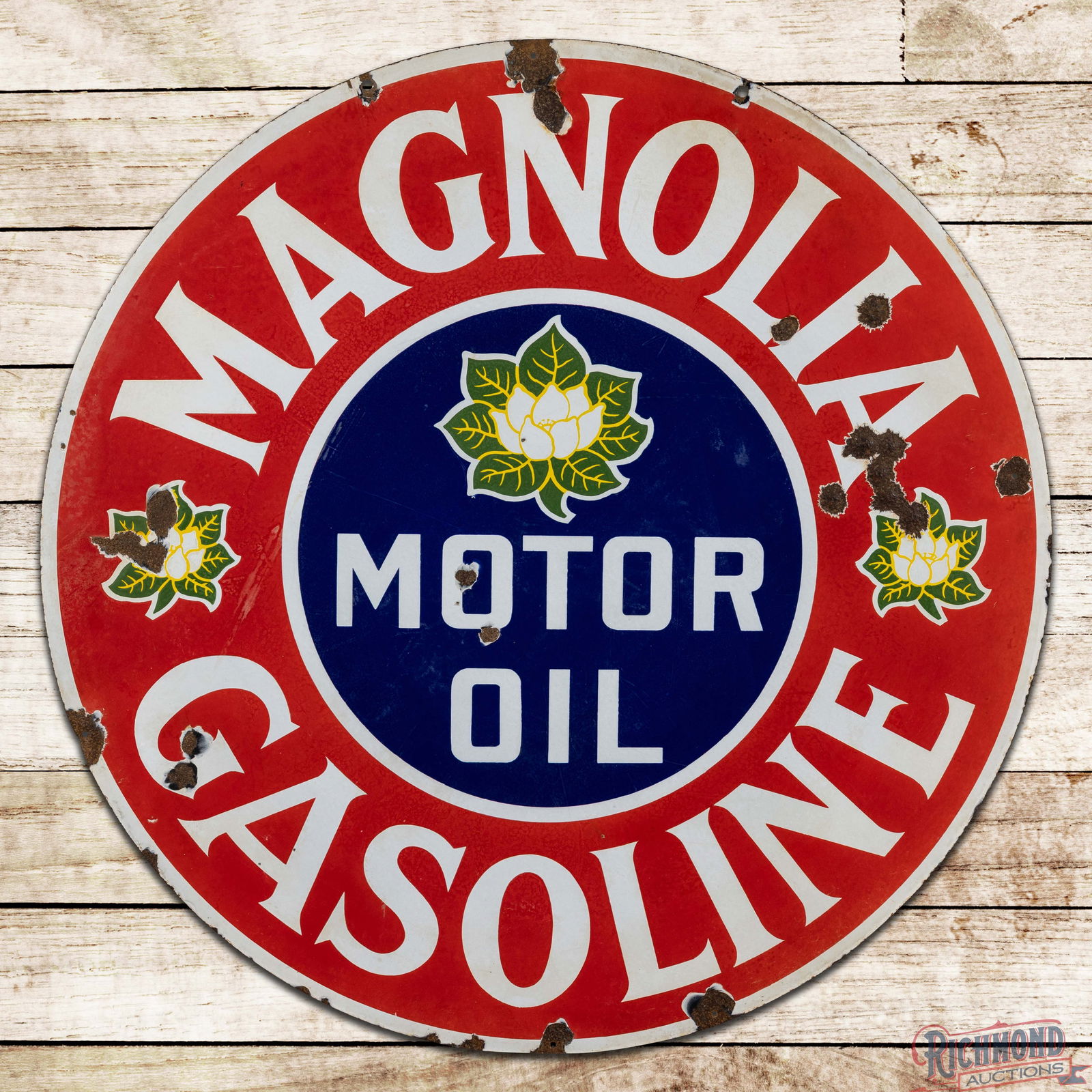 Magnolia Motor Oil Gasoline 42" Double Sided Porcelain Sign w/ Flower Logo: DSP (Double Sided Porcelain) sign has good color and moderate gloss. The display has cloudiness with small chips in the field and larger chips in the outer fields and edges. The perimeter has five sma