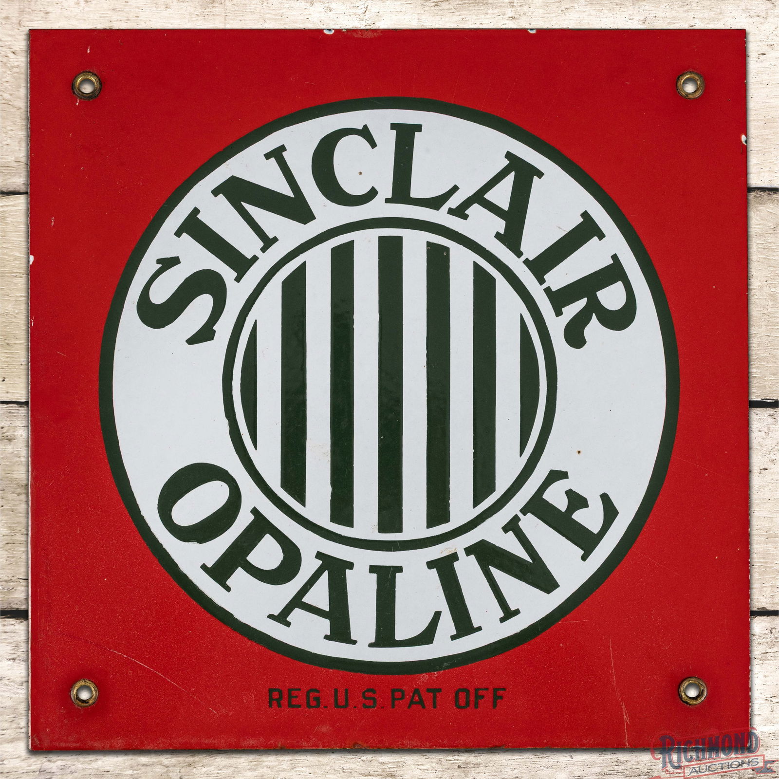 Outstanding Sinclair Opaline 12" Single Sided Porcelain Lubester Sign w/ Logo: SSP (Single Sided Porcelain) sign has excellent color and gloss. The display is clean with tiny factory blemishes and light surface wear in the outer fields. The perimeter has tiny chips along the