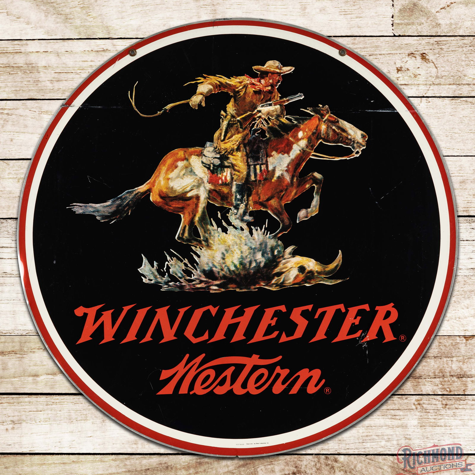 Winchester Western 38" Double Sided Tin Sign w/ Horse & Rider: DST (Double Sided Tin) sign has excellent color and shine. Side #1 features a clean horse and rider graphics with scuffs, fine scratches and small paint chips in the outer fields. The perimeter has