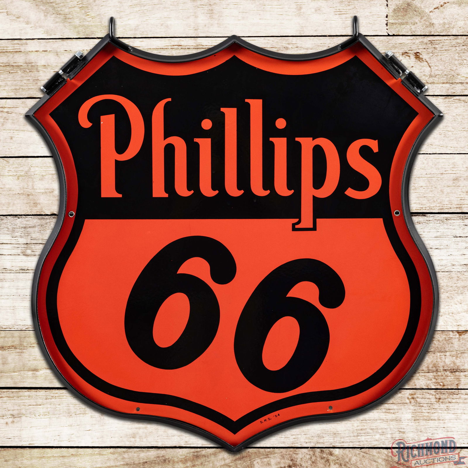 NOS 1954 Phillips 66 Gasoline 30" Double Sided Porcelain Shield Sign w/ Ring: Outstanding NOS (New Old Stock) DSP (Double Sided Porcelain) die cut sign with an added metal ring has excellent color and gloss. The display is exceptionally clean with areas of minor cloudiness in