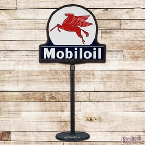 Superb Mobiloil Die Cut Double Sided Porcelain Lollipop Curb Sign w/ Base