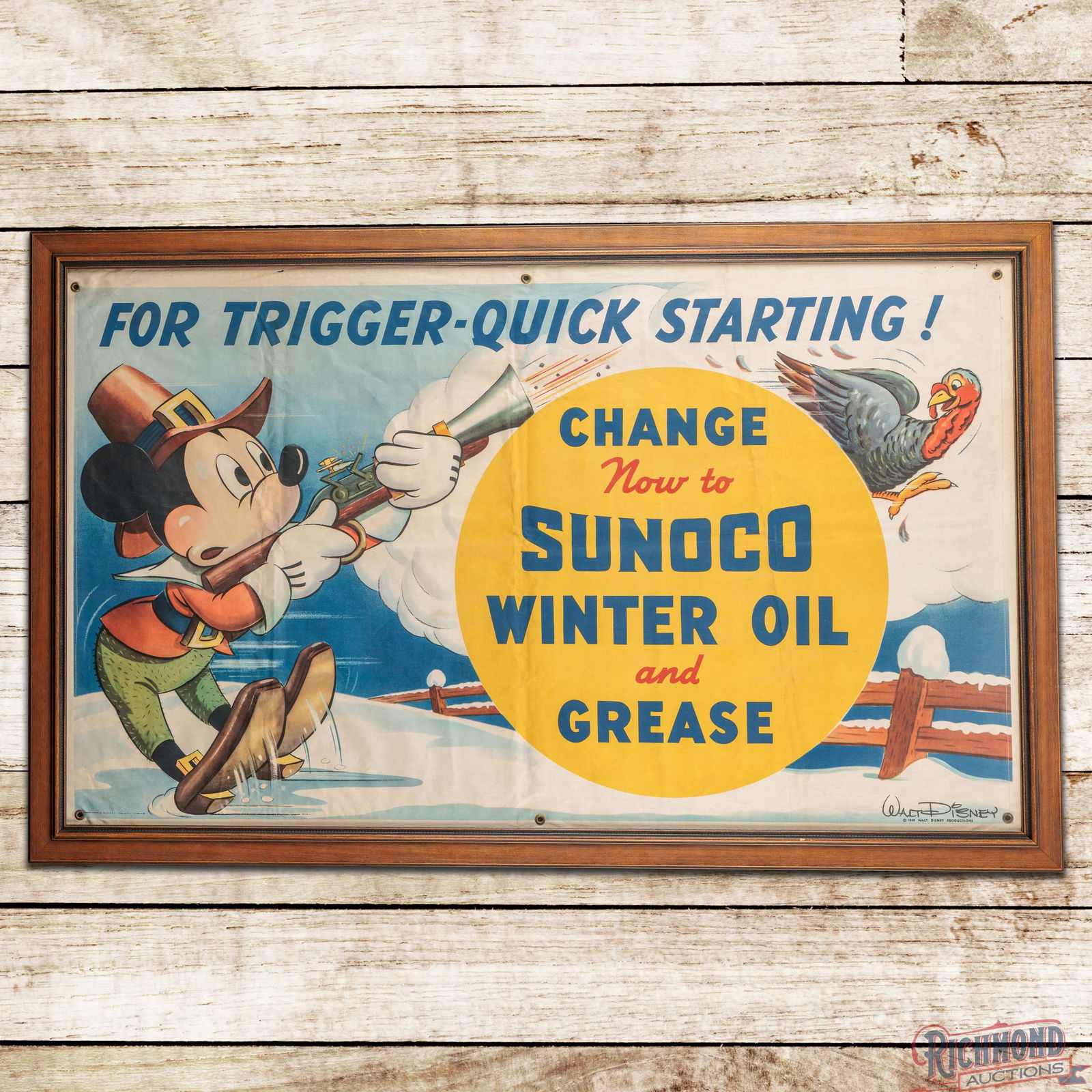 Amazing Sunoco Winter Oil "For Trigger Quick Starting!" Framed Banner Sign w/ Mickey Mouse (1 of 3)