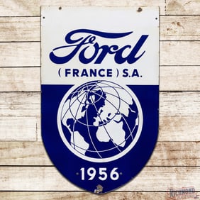 Ford Automobiles "France" 1956 Double Sided Porcelain Shield Sign w/ World Logo