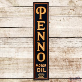 Penno Motor Oil Vertical Single Sided Tin Sign w/ Crude Permit Logo & Wooden Frame