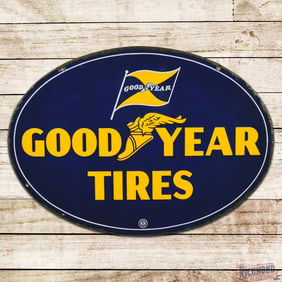 Excellent Goodyear Tires Double Sided Porcelain Oval Sign w/ Wingfoot & Flag Logos