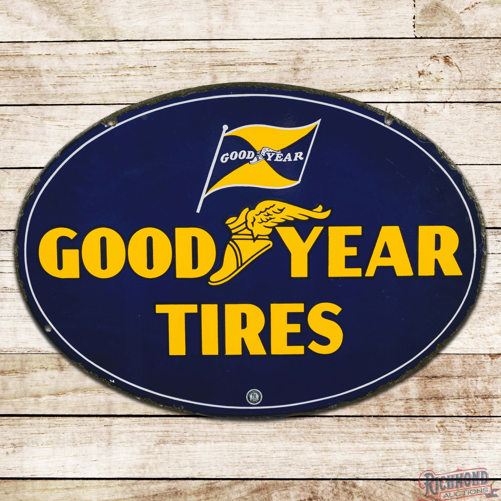 Excellent Goodyear Tires Double Sided Porcelain Oval Sign w/ Wingfoot & Flag Logos: DSP (Double Sided Porcelain) sign has excellent color and gloss. The display has a clean field with chips at the upper mounting holes and edges. The reverse is in a similar condition to the display wi