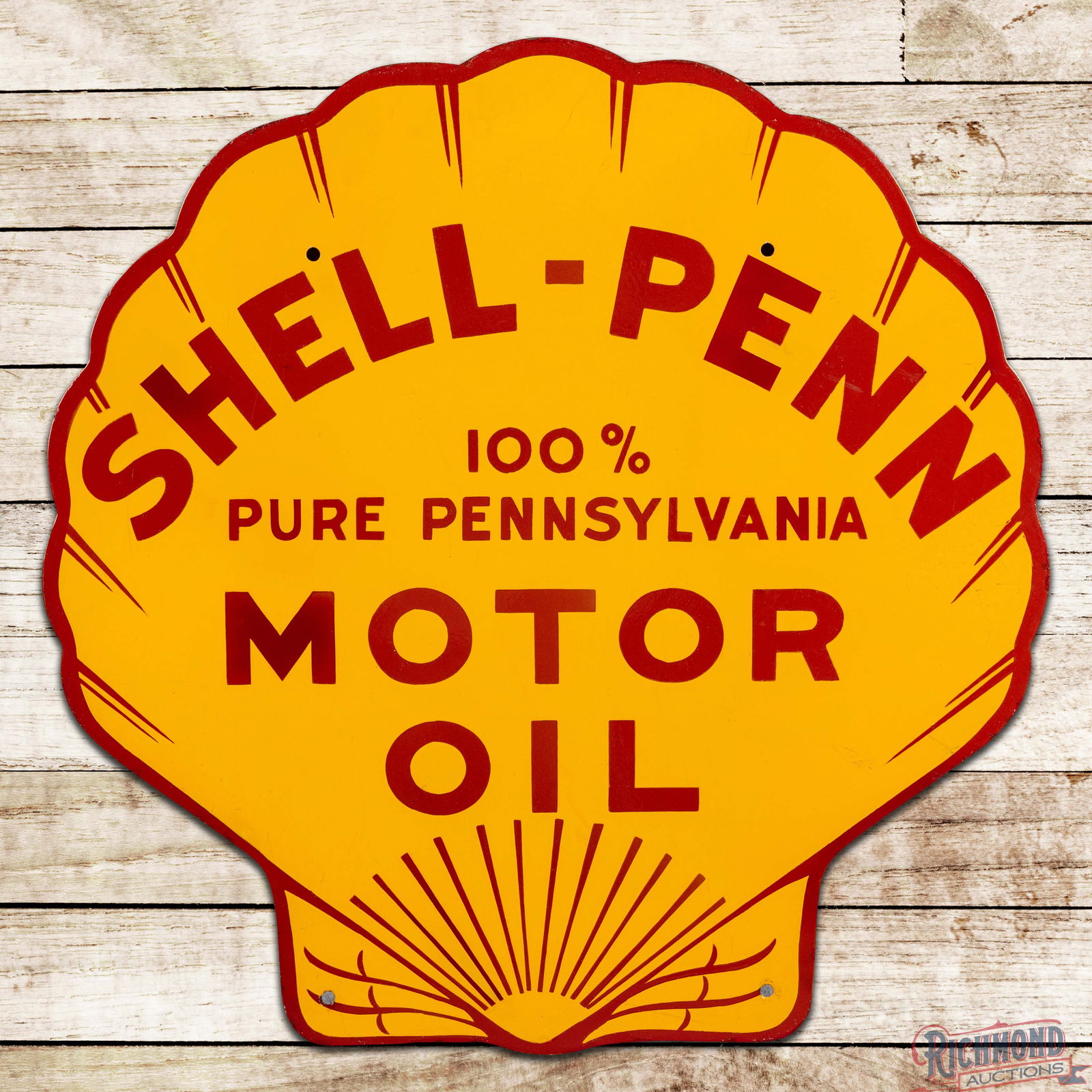 Shell Penn 100% Pure Pennsylvania Motor Oil 30" Die Cut Single Sided Porcelain Sign: SSP (Single Sided Porcelain) sign has outstanding color. The display has areas of light surface wear in the fields and perimeter. The sign has areas of professional color-matched chips in the fields a
