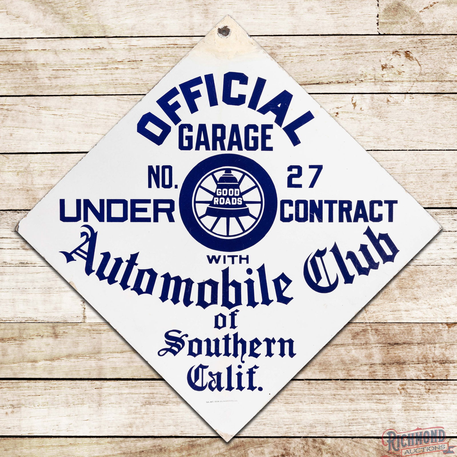 Automobile Club of Southern California Official Garage "Good Roads" 34" Double Sided Porcelain Sign: DSP (Double Sided Porcelain) diamond-shaped sign has very good color and gloss. Side #1 has fine scratches, light wear, tiny chips, and a bruise in the left outer field. The perimeter has edge wear an