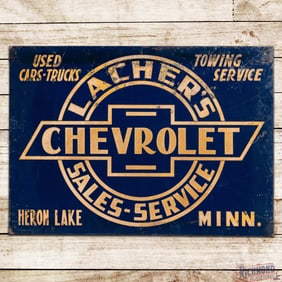 Lacher's Chevrolet Sales & Service Heron Lake Minn SS Tin Sign w/ Reflective Lettering & Logo