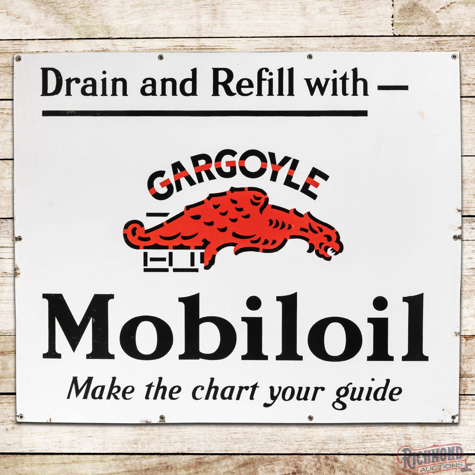 Superb Drain and Refill with Gargoyle Mobiloil "Make the Chart Your Guide" 36" SS Porcelain Sign (1 of 3)