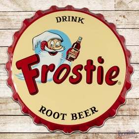 Drink Frostie Root Beer 38" Die Cut Single Sided Tin Bottle Cap Sign w/ Elf & Bottle