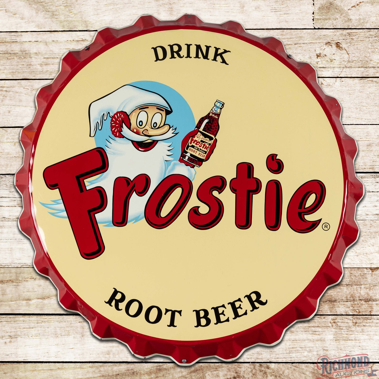 Drink Frostie Root Beer 38" Die Cut Single Sided Tin Bottle Cap Sign w/ Elf & Bottle: SST (Single Sided Tin) die cut convex sign has excellent color and shine. The sign features wonderful graphics of the Frostie elf holding a bottle of root beer. The display is very clean overall with