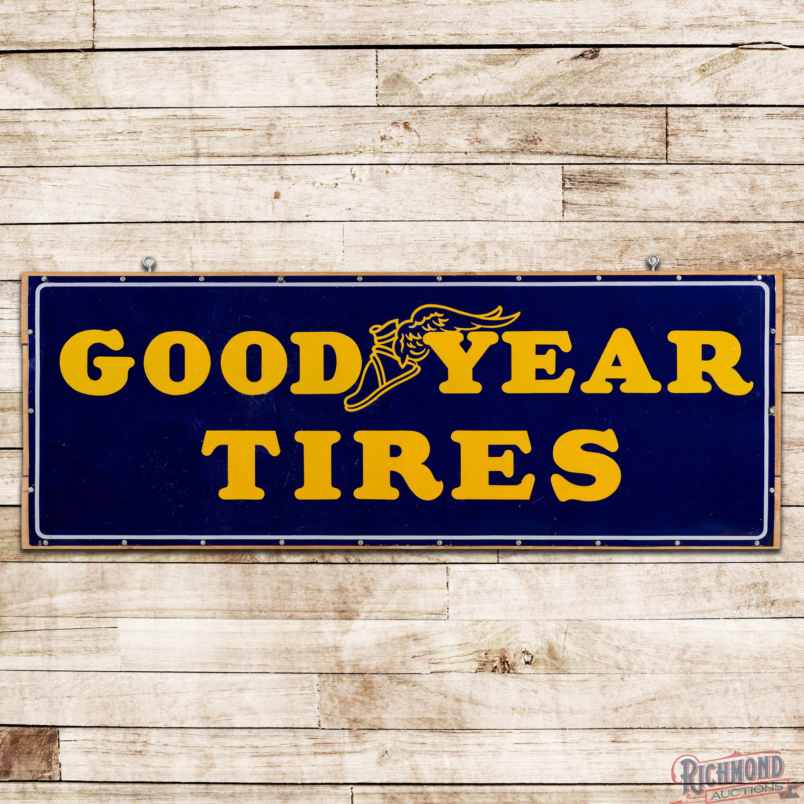 Goodyear Tires 8' Horizontal Single Sided Porcelain Sign w/ Wingfoot Logo: SSP (Single Sided Porcelain) sign with an added wooden support frame with eyelets has very good color and gloss. The filed exhibits fine scratches with surface wear, tiny chips and a larger color matc