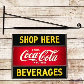 Impressive Shop Here Drink Coca Cola in Bottles Beverages DS Lighted Advertising Sign w/ Bracket