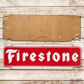 NOS Firestone Tires Horizontal 6' Single Sided Tin Sign w/ Factory Box