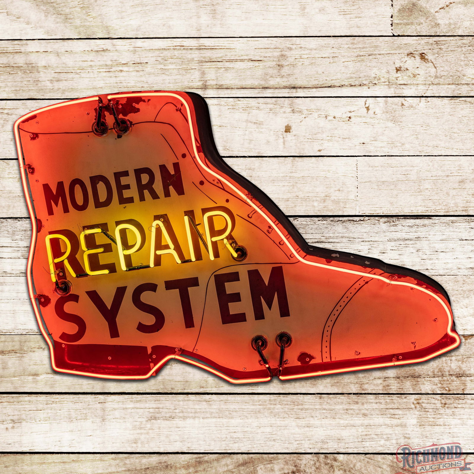 Modern Repair System Die Cut Single Sided Porcelain Factory Neon Shoe Sign: SSP (Single Sided Porcelain) die cut factory neon sign with a metal can has good color and gloss. The display has light wear with small chips and areas of discoloration to the cream porcelain enamel.