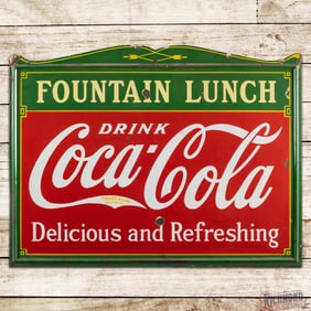 1936 Fountain Lunch Drink Coca Cola "Delicious and Refreshing" 5' Die Cut Single Sided Porcelain