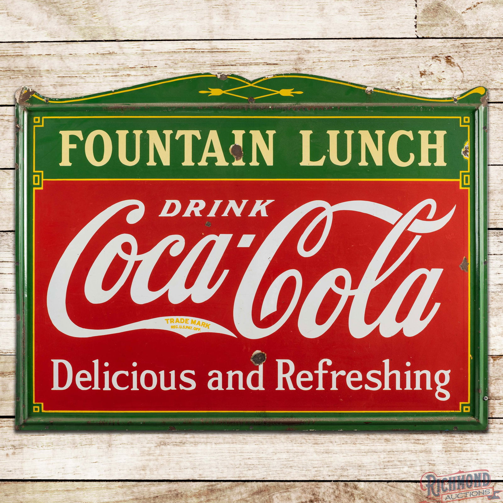 1936 Fountain Lunch Drink Coca Cola "Delicious and Refreshing" 5' Die Cut Single Sided Porcelain: SSP (Single Sided Porcelain) self-framed Coke sign has good color and gloss. The field exhibits surface wear with chips and tiny errant paint drips. The perimeter has chips along the self-framed edges