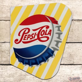 Scarce 1957 Pepsi Cola Double Sided Tin Flange Sign w/ Bottlecap